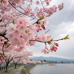 Fototapeta premium Pink Cherry Blossom Blooming in Spring with Blue Sky and Sakura Branches