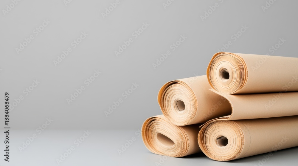 Poster neatly rolled sheets of beige craft paper stacked on a smooth surface against a light gray backgroun