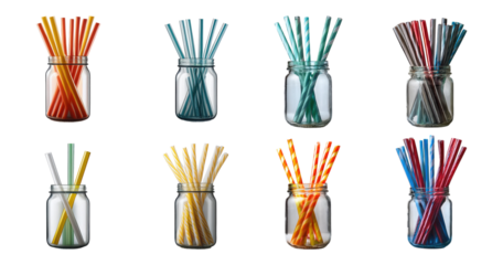 Colorful Straws in Glass Jars for Party and Celebration Themes, PNG bundle collection, Isolated on Transparent Background