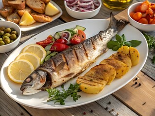 Grilled Seabass Feast: A meticulously arranged display features a whole grilled seabass, alongside an array of vibrant, fresh side dishes.