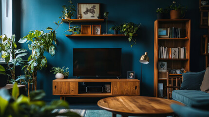 Cabinet TV in empty interior room ,dark blue wall with wood shelf,lamp ,plants and table wood ,3d rendering