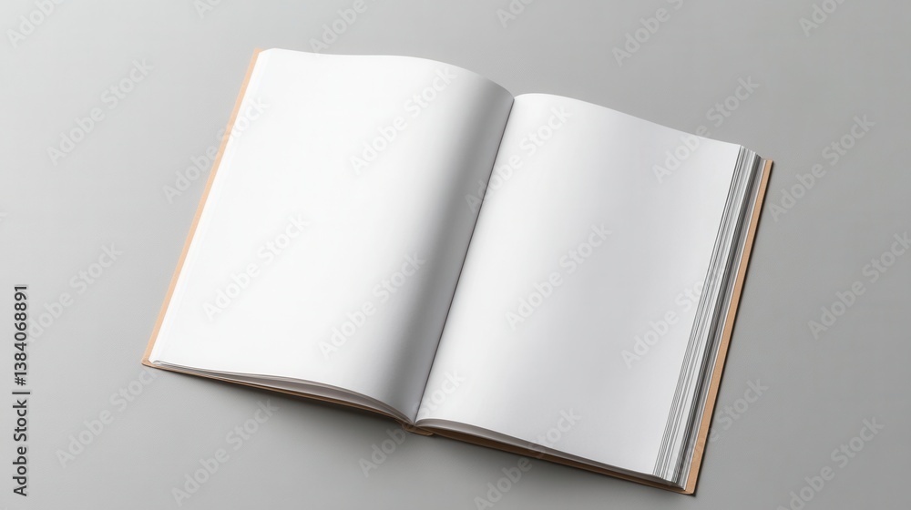Poster open blank book on a minimalist grey surface, ideal for creative ideas and personal reflection with 