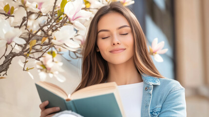 Fototapeta premium Springtime relaxation with young woman reading under flowering tree