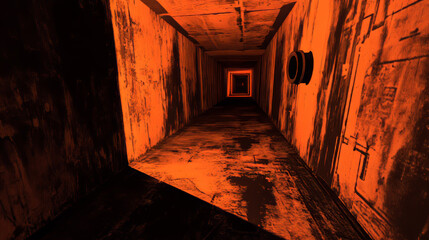 Empty Dark Futuristic Sci fi room, spaceship corridors orange light ,3D Rendering