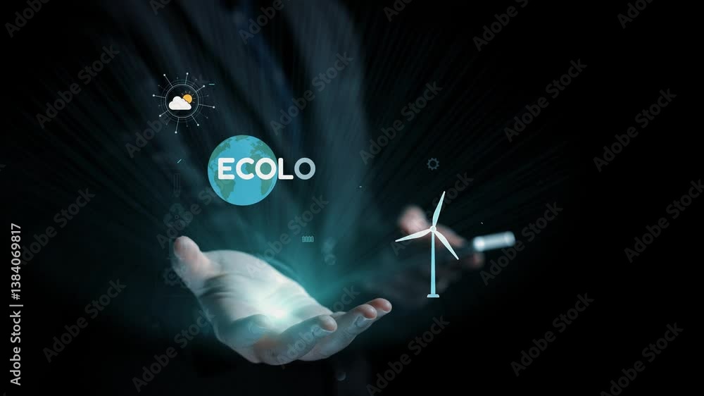 Aufkleber a dynamic visual representation of ecology with hands holding digital icons representing renewable e