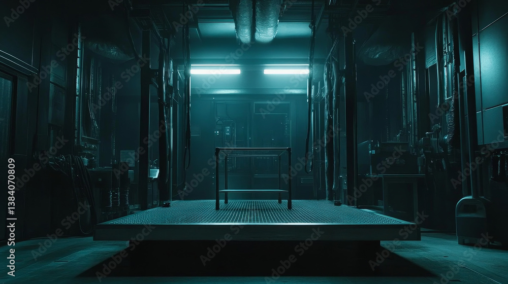 Aufkleber dark hydroponics lab room on spacecraft with metal circle podium empty.3d rendering