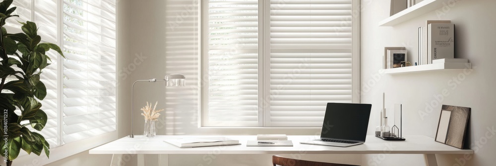 Poster modern workspace with sleek laptop and minimalistic decor in a bright and airy room, perfect for pro