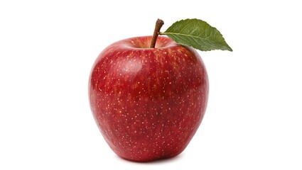 Vibrant red apple with a lush green stem on a clean white backdrop symbolizing freshness and healthy eating