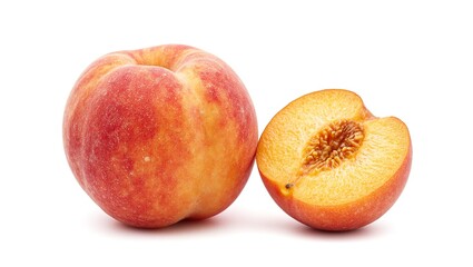 Fresh ripe peach with velvety skin and golden flesh sliced open isolated on a white background Perfect for food and health concepts