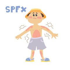 Children sunbathe. Boy not use sunscreen. Boy got a sunburn and cries. Sketch of a safe holiday on the beach. Funny cartoon character. Isolated on white background