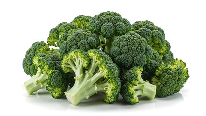 Fresh green broccoli florets clustered together vibrant and natural against a clean white backdrop
