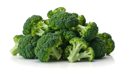 Fresh green broccoli florets clustered together vibrant and natural against a clean white backdrop