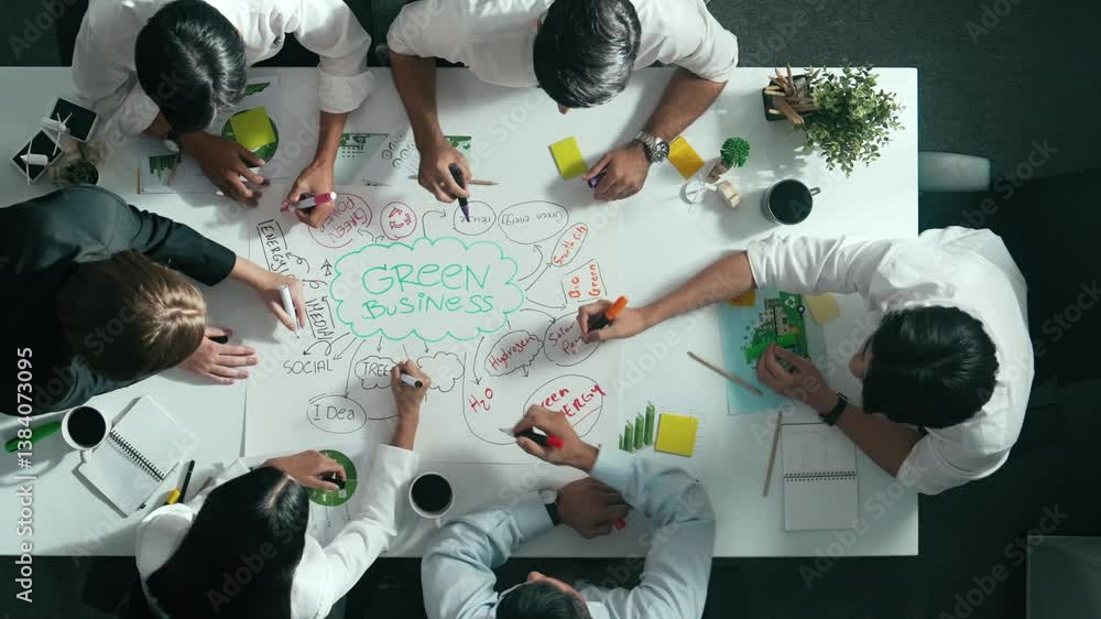 Poster top view of professional business team working together to brainstorm environmental idea by using mi
