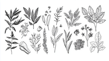 Fototapeta premium Herbs and spices vector cilantro, rosemary, parsley and lavender, ginger, oregano and cloves, chives, anise, dill, tarragon, sage and cardamom, basil and pepper, cinnamon and peppermint sketch