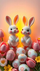 Obraz premium Adorable Easter Bunnies and Tulips Springtime Festive Image