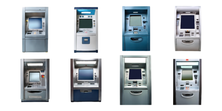 Various modern ATMs in different styles and designs, PNG collection, set bundle, isolate on transparent or white background