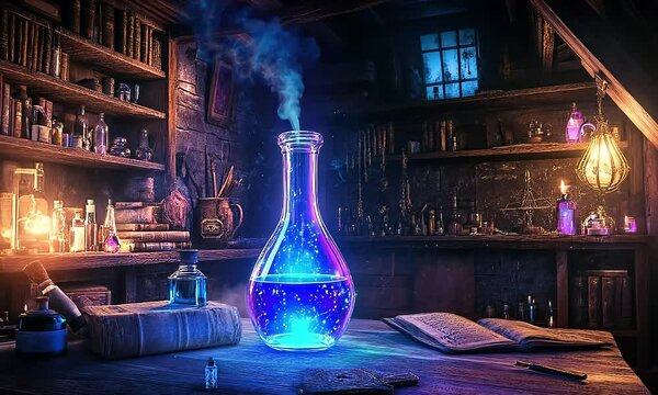 Ancient wizard room filled with mystical artifacts and glowing magic potion bottle on wooden table
