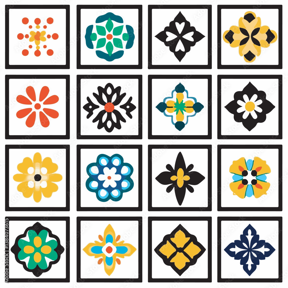 Aufkleber floral pattern variants display artfully within square frames backdrop illustration