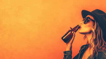 Naklejka premium stylish woman in sunglasses and hat enjoying a refreshing drink against vibrant orange background