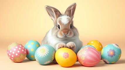Fototapeta premium Spring Bunny Greeting Card Invitation Template with Cute Fluffy Rabbit and Decorated Pastel Eggs - Holiday Easter Background Wallpaper
