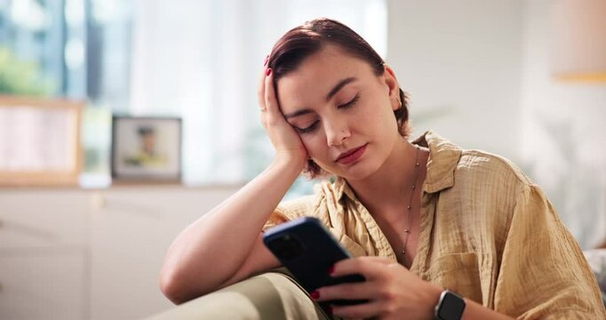 Woman, rest and scroll with phone at house for browsing social media, messages and notification. Person, relax and mobile app for reading ebook, online search and download game of entertainment break