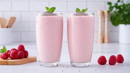 Refreshing raspberry smoothies served in tall glasses  