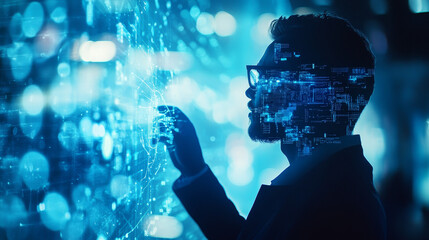 Automation of workflow with artificial intelligence AI. Intelligent process automation IA or robotic process automation RPA technology. Businessman touching AI icon on flowchart.