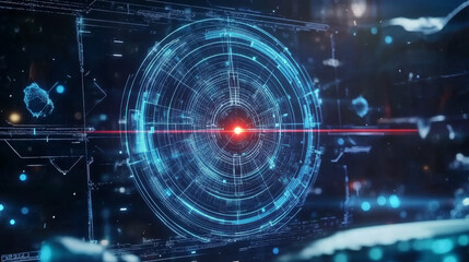 Obraz premium HUD target aim controls on futuristic screen interface, vector dashboard background. HUD target aims on radar screen, game dashboard and UI panel controls with crosshair technology