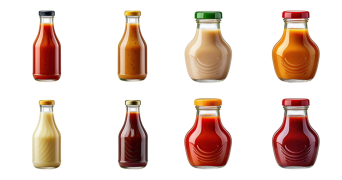 Assorted Condiment Bottles with Various Sauces and Dressings, PNG bundle collection, Isolated on Transparent Background