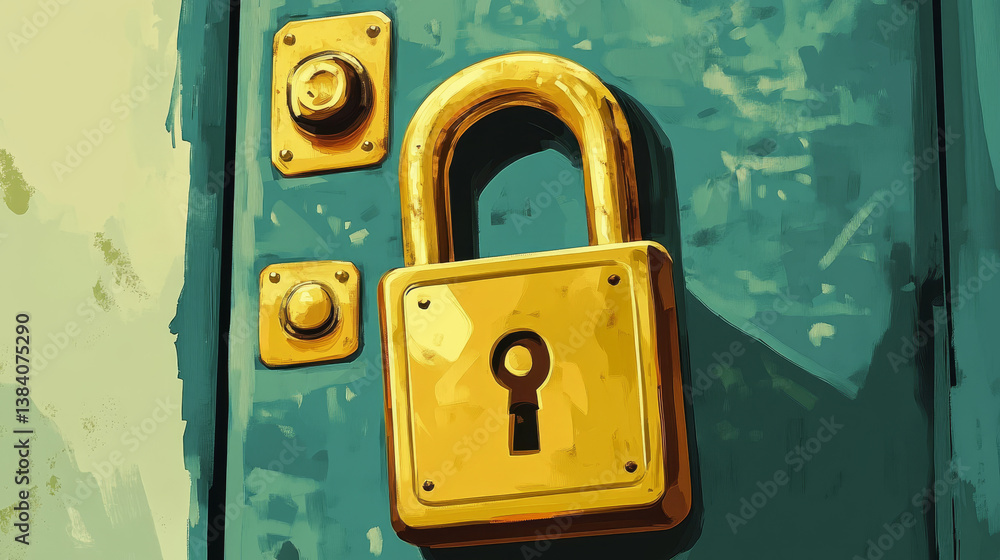 Poster 3d locked padlock with password. golden lock and pin code entry. security and safety. cyber privacy 