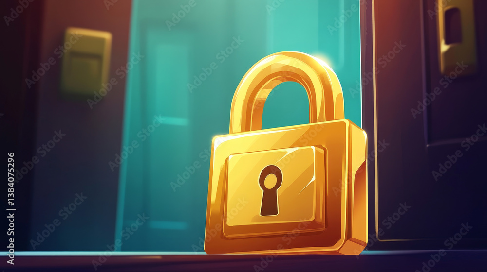Poster 3d locked padlock with password. golden lock and pin code entry. security and safety. cyber privacy 