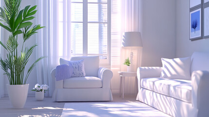 Living room with a white couch and armchair, a lamp, and a potted plant- 3D rendering