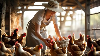 Woman Harvesting Eggs in Chicken Coop: A hardworking individual, donned in farm attire, diligently gathers a basket of fresh eggs amidst a lively gathering of chickens inside a rustic coop.