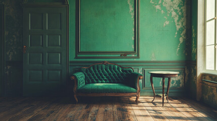 Green sofa with table on green wall and wooden flooring.3d rendering