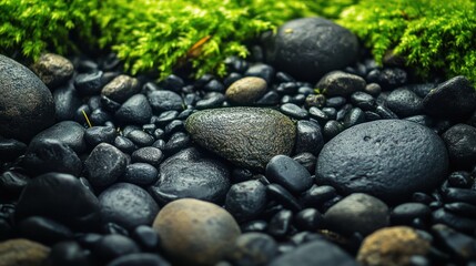 Dark stones, green moss, zen garden, nature background, serenity