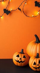 Halloween eerie jack o lantern glow with orange background and string lights for festive decoration