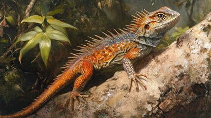 Fototapeta premium Vibrant orange and grey lizard perched on a tree branch in a lush green forest.