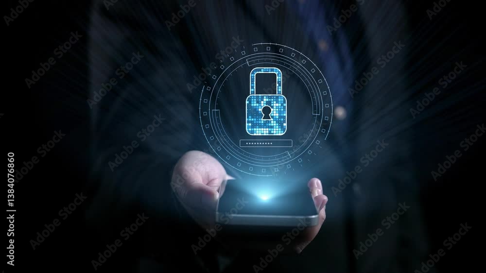 Poster a hand holds a smartphone displaying a futuristic glowing lock symbol. this image captures the essen