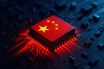 China flag on microchip against a dark technological background  