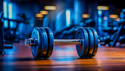 Fototapeta premium Heavy Dumbbell on Gym Floor with Blue Lighting