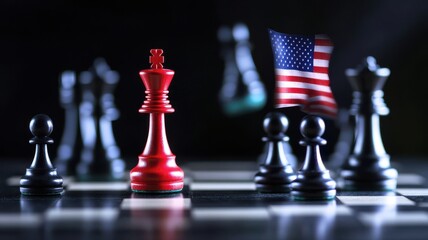 Naklejka premium Red king chess piece stands out against black pieces with an American flag in the background.