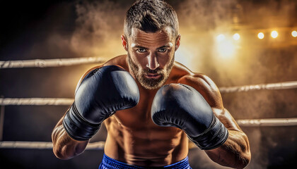 Intense Male Boxer Posing in Ring Under Spotlight