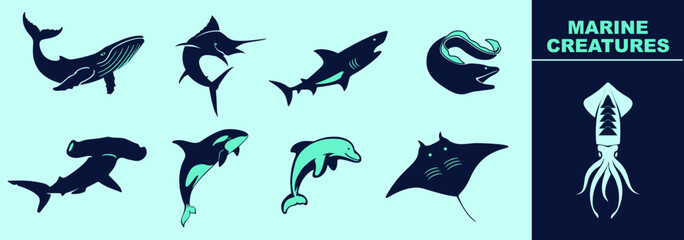 Marine creatures icon set with shark, sword fish, whale, dolphin, orca, hammer head, stingray, squid. Editable icon elements, size and color.