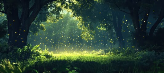 A forest with glowing fireflies filling the air