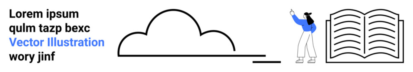 Abstract cloud shape, standing figure taking photo, open book with text. Ideal for education, technology, digital learning, creativity, cloud storage, storytelling simple landing page