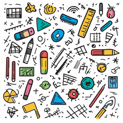 Stationery doodle floats amidst scattered sketches on white background
