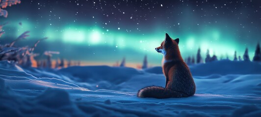 A fox sitting in the snow, gazing at the aurora