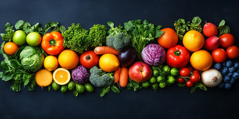 A vibrant assortment of fresh organic fruits and vegetables in rainbow colors, symbolizing health, nature, and the beauty of diverse, nutritious food choices in modern life