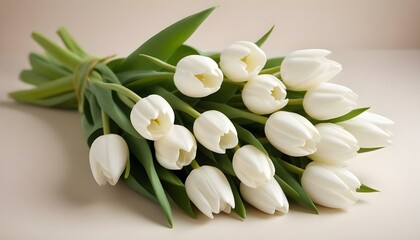 Close-up studio shot of a bouquet of white tulips with green stems and leaves against a soft
