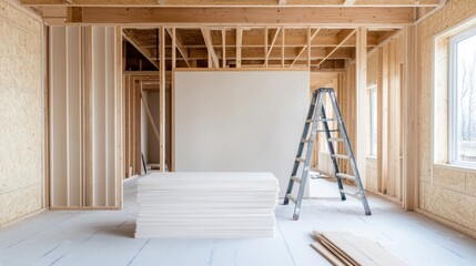 Modern Interior Construction Space with Wooden Frame, Drywall, and Ladder for Renovation Projects in Progress